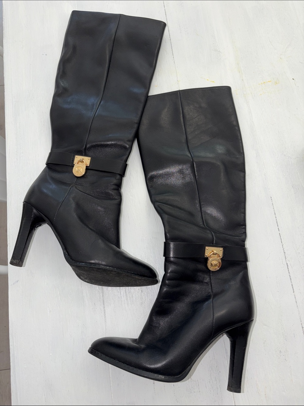 Michael Kors black leather high heel boots 7US gold MK logo size zippered 4”